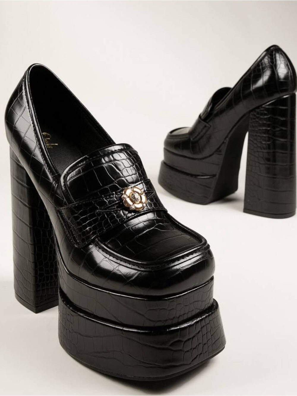 Platform Croc-Embossed Loafer Heels - Black